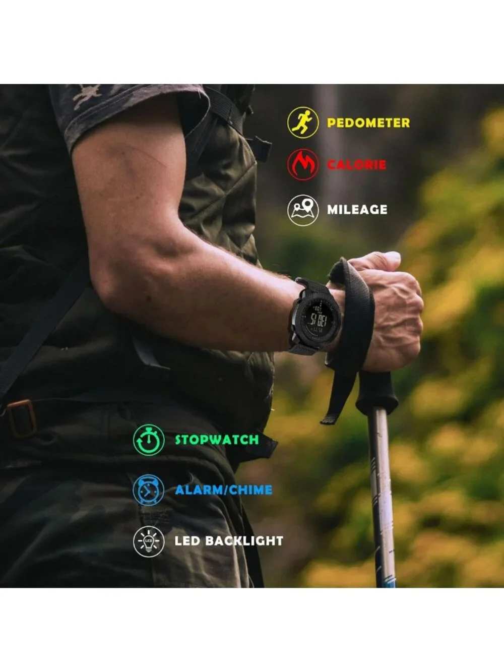Rugged Digital Hiking Watch for Men | Altimeter, Compass, Waterproof, Pedometer